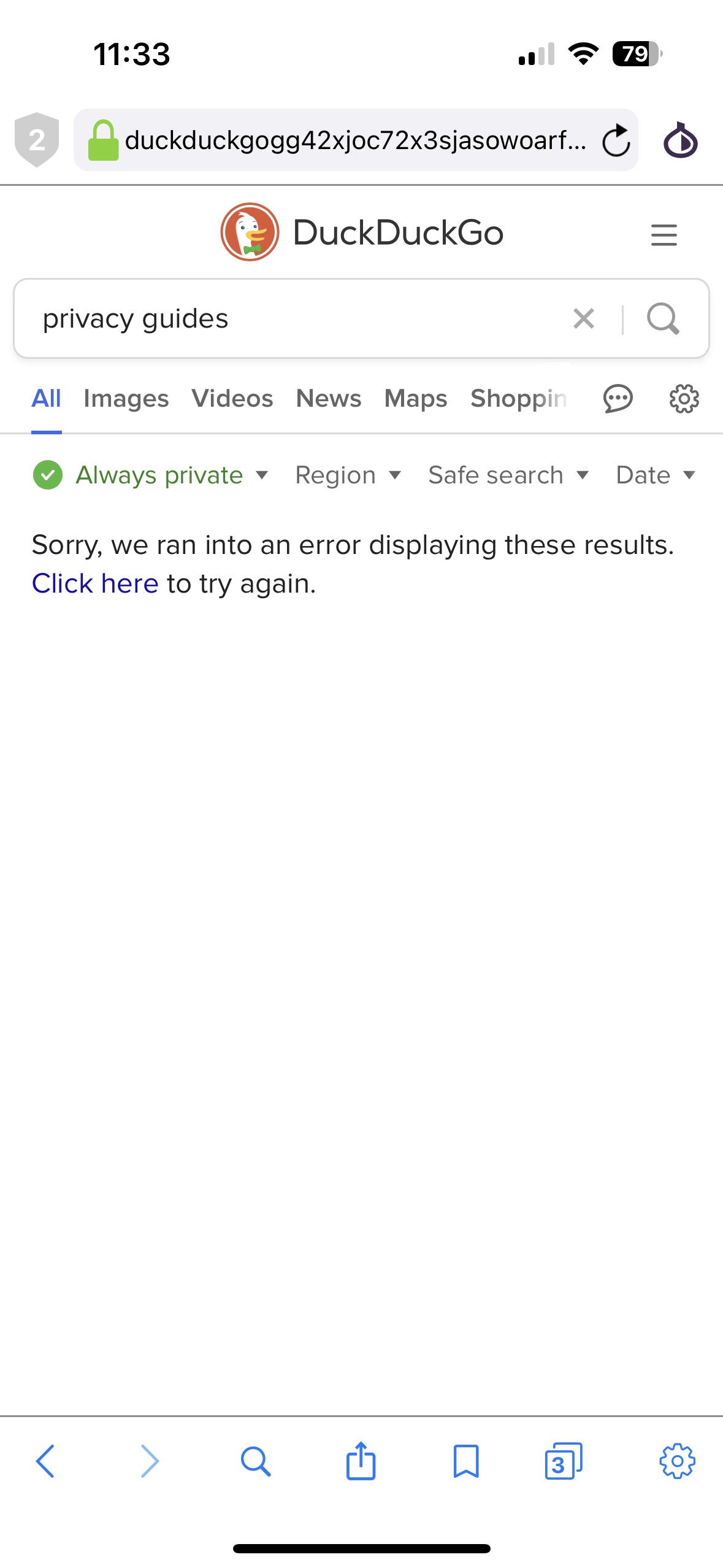 A screenshot of DuckDuckGo saying sorry, we ran into an issue displaying these results, and asking to try again