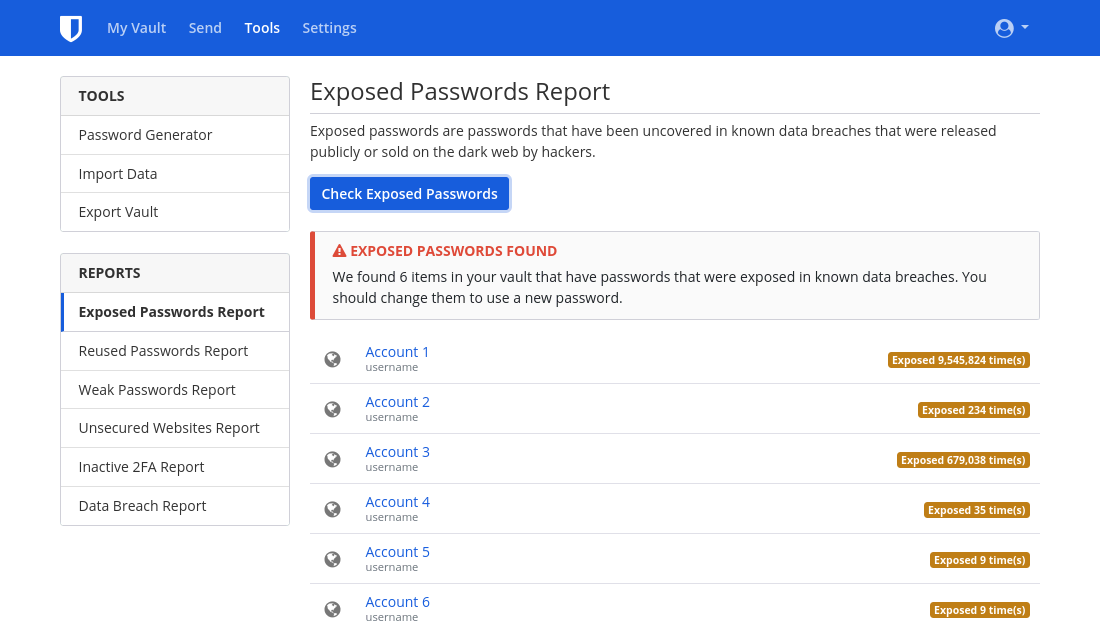 מאפיין הדוח 'פריצת נתונים' של Bitwarden